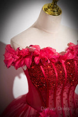 Dark Red Beading Prom Dresses With Corset, Off The Shoulder Short Sleeve Floor-Length Party Dresses