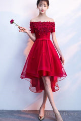 Dark Red High Low Flowers Homecoming Dress, Charming Prom Dress