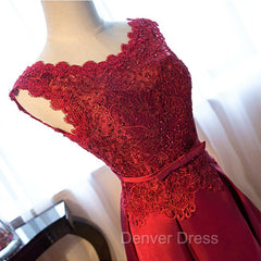 Dark Red Lace Long Junior Prom Dresses, Lace Top Party Dresses