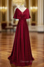 Dark Red Satin A Line Floor Length Prom Dress, Wine Red Wedding Prom Dresses