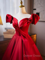 Dark Red Satin Long Prom Dresses, Off The Shoulder A-Line Formal Evening Dresses