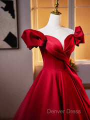 Dark Red Satin Long Prom Dresses, Off The Shoulder A-Line Formal Evening Dresses
