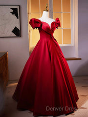 Dark Red Satin Long Prom Dresses, Off The Shoulder A-Line Formal Evening Dresses