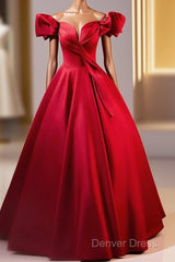 Dark Red Satin Long Prom Dresses, Off The Shoulder A-Line Formal Evening Dresses