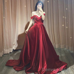 Dark Red Satin Long Prom Dresses, A-Line Sweetheart Evening Dress Formal Gown
