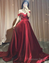 Dark Red Satin Long Prom Dresses, A-Line Sweetheart Evening Dress Formal Gown