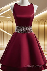 Dark Red Satin Short Two Layered Homecoming Dresses, O-Neckline Party Dresses, Short Formal Dresses