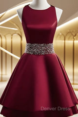 Dark Red Satin Short Two Layered Homecoming Dresses, O-Neckline Party Dresses, Short Formal Dresses