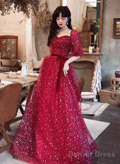 Dark Red Short Sleeves Sweetheart Tulle Prom Dress, A-Line Dark Red Formal Dress
