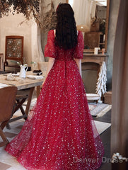 Dark Red Short Sleeves Sweetheart Tulle Prom Dress, A-Line Dark Red Formal Dress