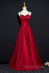 Dark Red Straps Beaded Sweetheart Satin Long Party Dresses, Wine Red Prom Dresses