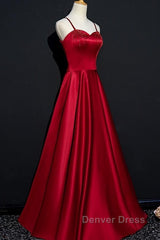 Dark Red Straps Beaded Sweetheart Satin Long Party Dresses, Wine Red Prom Dresses