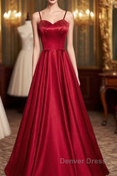 Dark Red Straps Beaded Sweetheart Satin Long Party Dresses, Wine Red Prom Dresses