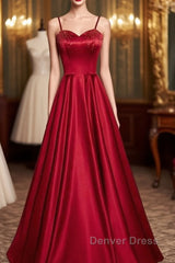 Dark Red Straps Beaded Sweetheart Satin Long Party Dresses, Wine Red Prom Dresses