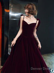 Dark Red Straps Velvet Elegant Tea Length Bridesmaid Dress, Burgundy Prom Dress Party Dress