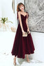 Dark Red Straps Velvet Elegant Tea Length Bridesmaid Dress, Burgundy Prom Dress Party Dress