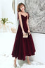 Dark Red Straps Velvet Elegant Tea Length Bridesmaid Dress, Burgundy Prom Dress