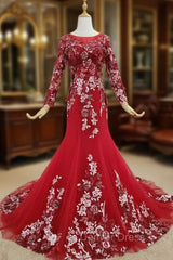 Dark Red Tulle Embroidery Appliques Long Sleeve Prom Dresses