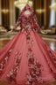 Dark Red Tulle Embroidery Appliques Long Sleeve Wedding Dresses