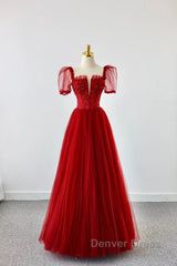 Dark Red Tulle Floor Length Formal Dresses, Beautiful A-Line Short Sleeve Evening Dresses With Beaded