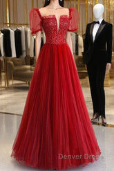 Dark Red Tulle Floor Length Formal Dresses, Beautiful A-Line Short Sleeve Evening Dresses With Beaded