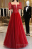 Dark Red Tulle Floor Length Prom Dress, Beautiful A-Line Short Sleeve Prom Dresses With Beaded