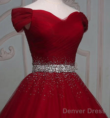 Dark Red Tulle Gorgeous Ball Gown, Burgundy Off Shoulder With Beaded Waist, Pretty Formal Dress