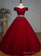Dark Red Tulle Gorgeous Ball Gown, Burgundy Off Shoulder With Beaded Waist, Pretty Formal Dress