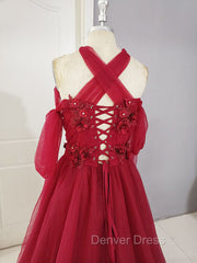 Dark Red Tulle Lace Long Prom Dresses, Red Tulle Lace Evening Dresses