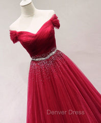 Dark Red Tulle Off Shoulder Long Prom Dresses, Beaded Party Dresses