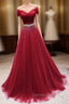 Dark Red Tulle Off Shoulder Long Prom Dress, Beaded Prom Dresses