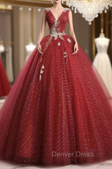 Dark Red Tulle Sequins V-neck Appliques Quinceanera Dresses