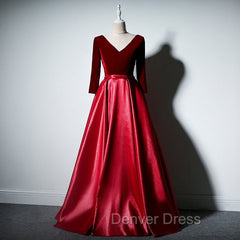 Dark Red Velvet and Satin V-neckline Long Prom Dresses Evening Dresses, Red Bridesmaid Dresses