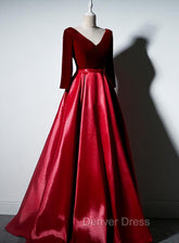 Dark Red Velvet and Satin V-neckline Long Prom Dresses Evening Dresses, Red Bridesmaid Dresses