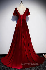 Dark Red Velvet Long Prom Dresses, Charming Formal Gown