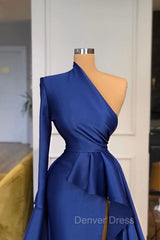 Dark Royal Blue One shoulder Ruffles Side-cut Overskirt Prom Dresses