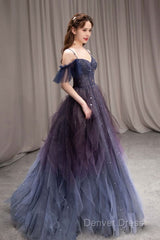 Dark Starry Sky Purple Tulle Long Prom Dresses Purple Evening Dresses