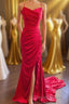 Straps Red Ruched Mermaid Long Prom Dresses