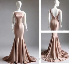 Deep Champagne Mermaid Simple Satin Long Prom Dresses Backless Evening Gown
