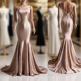 Deep Champagne Mermaid Simple Satin Long Prom Dresses Backless Evening Gown