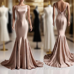 Deep Champagne Mermaid Simple Satin Long Prom Dresses Backless Evening Gown