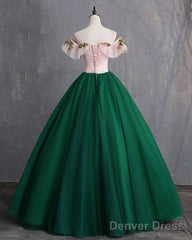 Deep Green Tulle Off Shoulder Long Customize Prom Dress, Evening Dress With Sleeve