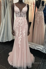 Deep V Neck Backless Pink Lace Long Prom Dresses, Long Pink Lace Formal Graduation Evening Dresses