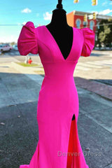 Deep V-Neck Hot Pink Mermaid Long Prom Dresses With Balloon Sleeves