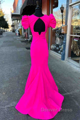 Deep V-Neck Hot Pink Mermaid Long Prom Dresses With Balloon Sleeves