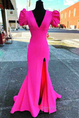 Deep V-Neck Hot Pink Mermaid Long Prom Dresses With Balloon Sleeves