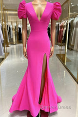 Deep V-Neck Hot Pink Mermaid Long Prom Dresses With Balloon Sleeves