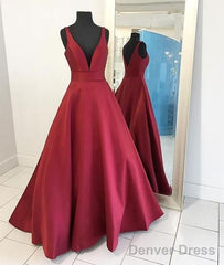 Deep V-Neck Long Satin Floor Length Ballgowns Prom Dresses