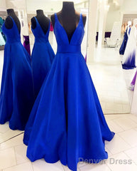 Deep V-Neck Long Satin Floor Length Ballgowns Prom Dresses