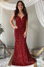 Deep V Neck Mermaid Sparkly Burgundy Sequins Long Prom Dresses